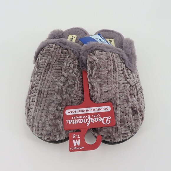 Dearfoams Women Medium 7-8 Grey Chenille Cable Knit Faux Fur Slide Slippers NEW - Picture 2 of 13